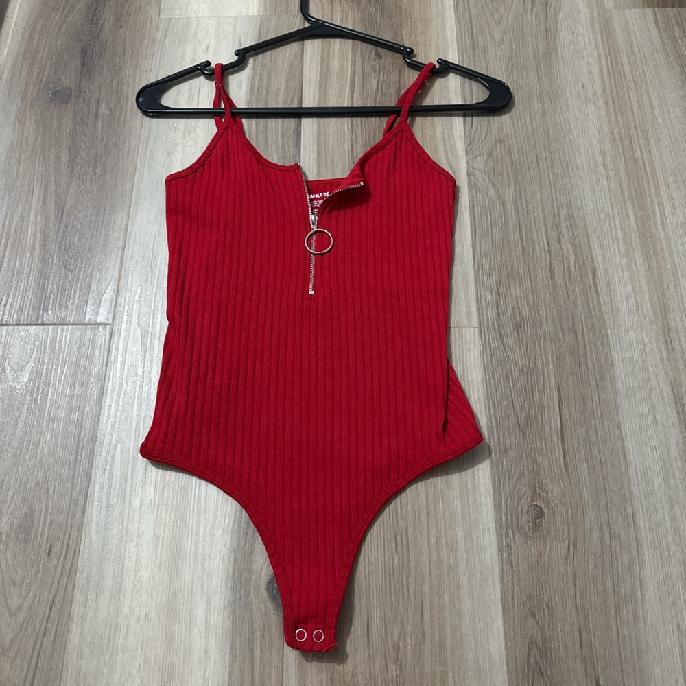 Red Ribbed Bodysuit with Zip Detail